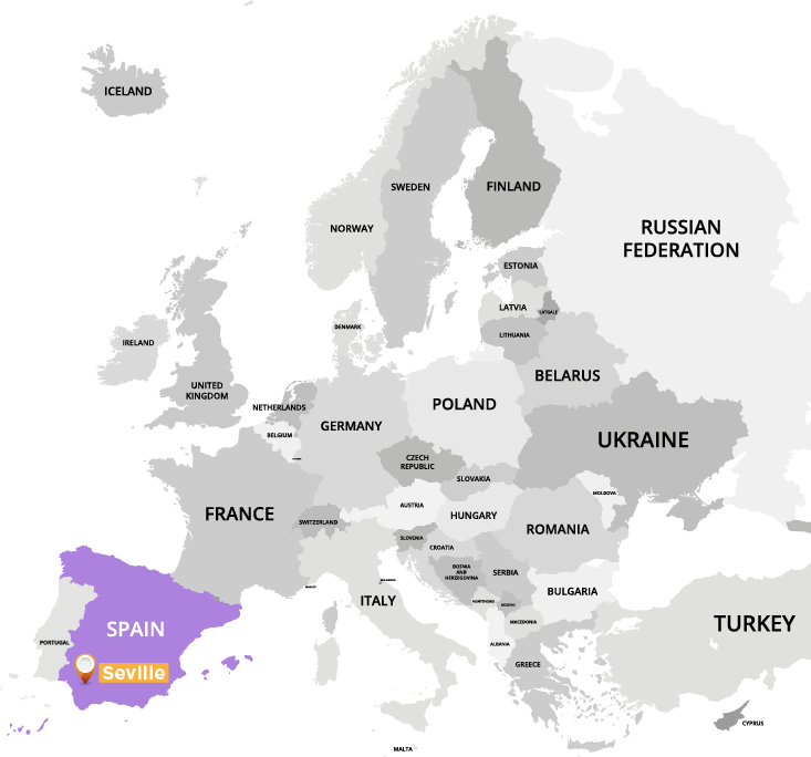 Sevilla y España en el mapa de Europa
